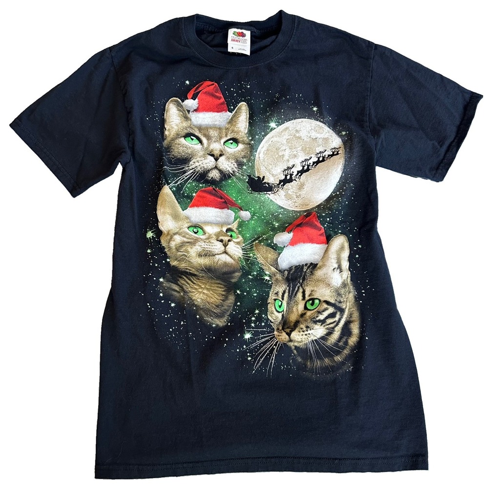 Christmas Cats Santa Hat T-Shirt Men's Small Black Funny Holiday Graphic Tee